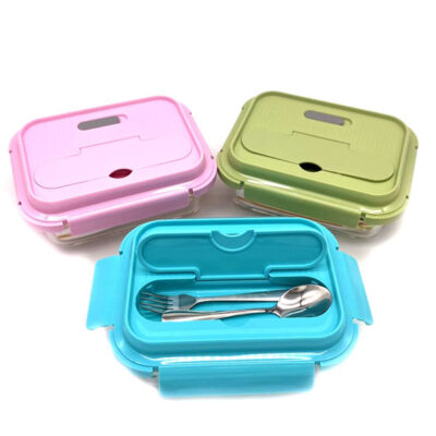 TUPPER DE VIDRIO CON DIVISIONES Y CUBIERTOS METALICOS 960 ml