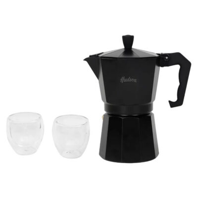 SET CAFETERA MOKA TOTAL BLACK CON 2 VASOS VIDRIO